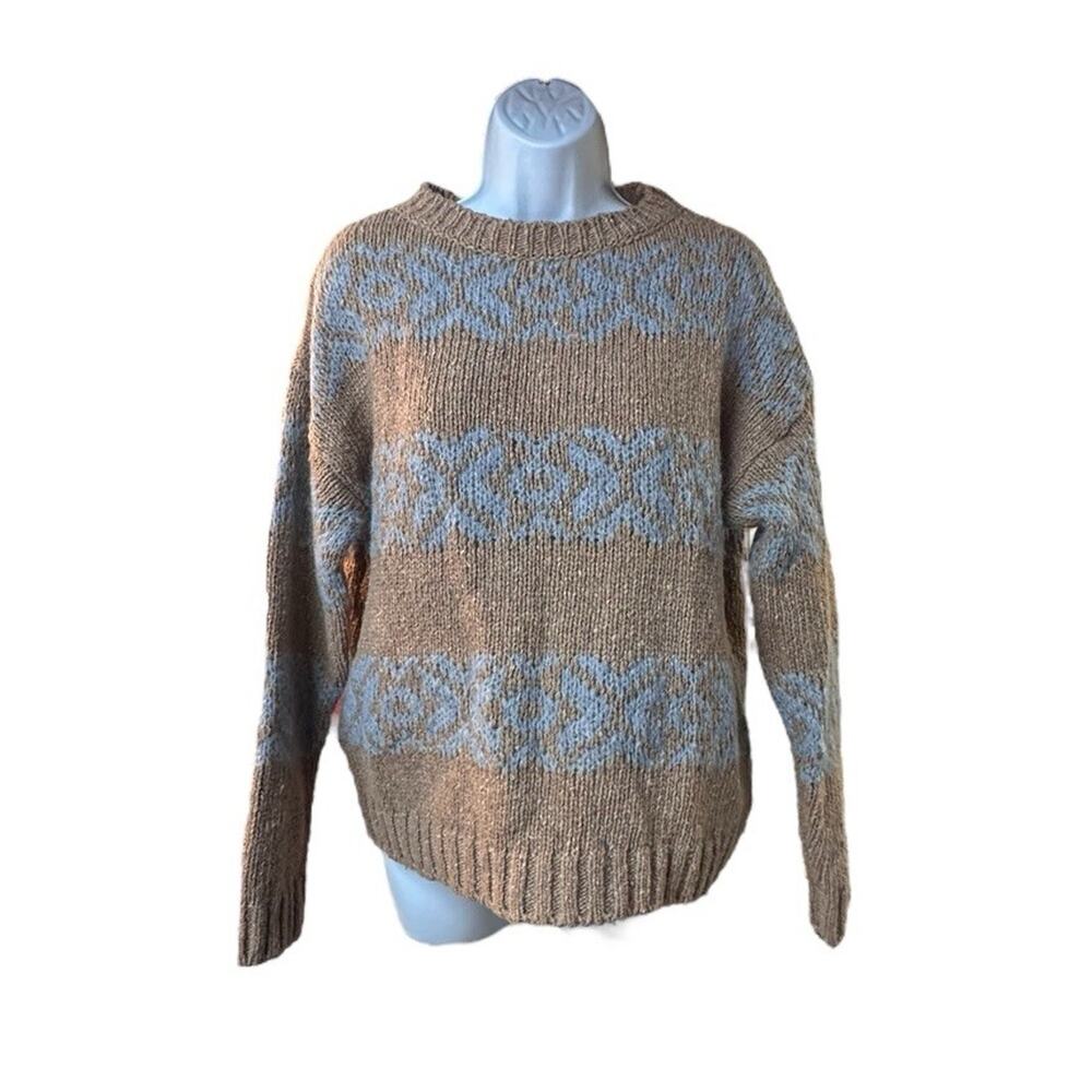 Elsamanda Women’s Knit Sweater M Brown Blue Pullover Crewneck Wool Blend NWT
